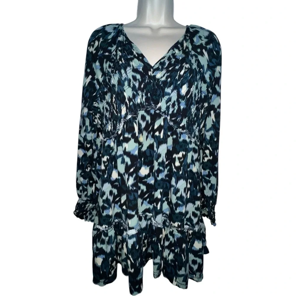 BeachLunchLounge Top‎ Boho Blue Floral Cotton Tiered Talia Tunic Large V Neck - Picture 2 of 9
